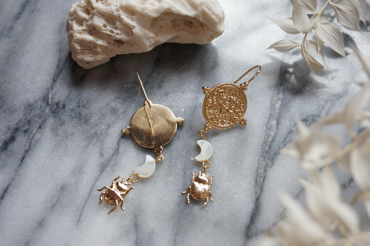 KHONSU Gold/Silver Moon and Scarab Earrings/ Mother of Pearl Moon Beads