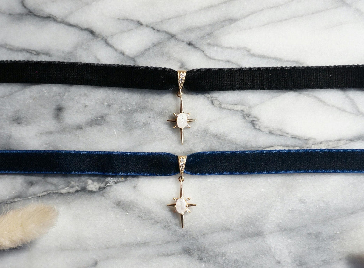 North Star Moonstone and Black / Deep Blue Stretch Velvet Choker/ Black