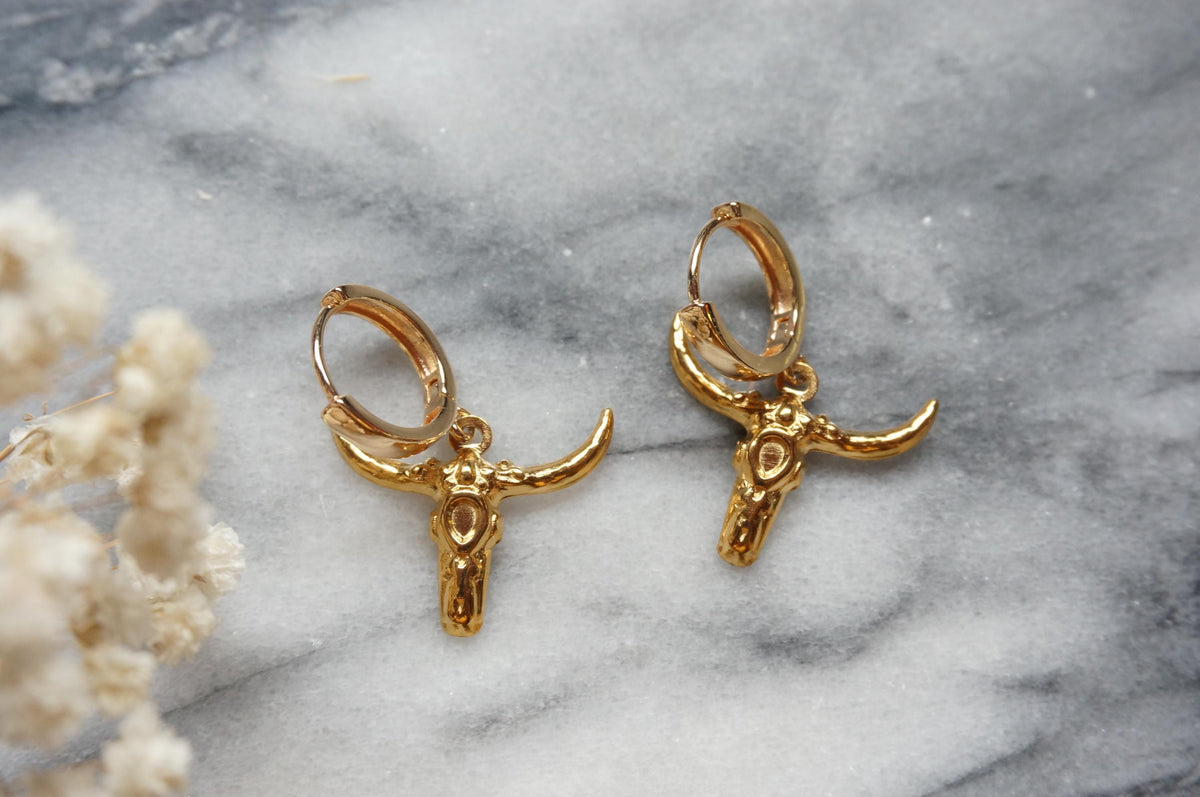 Gold Plated Bull Skull Earrings