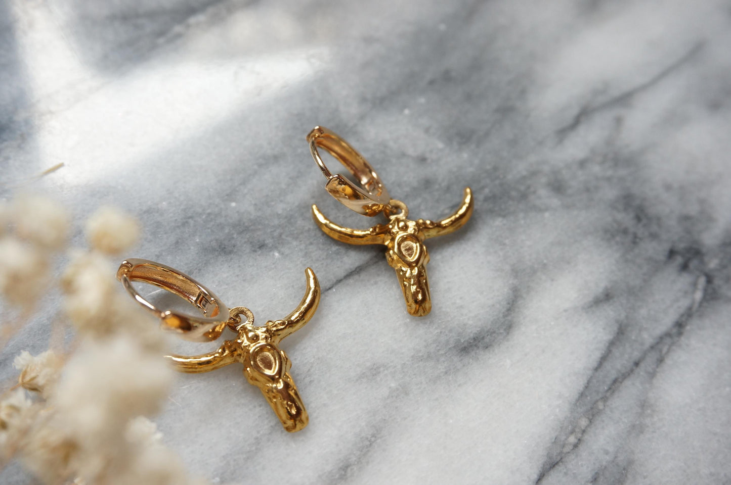 Gold Plated Bull Skull Earrings