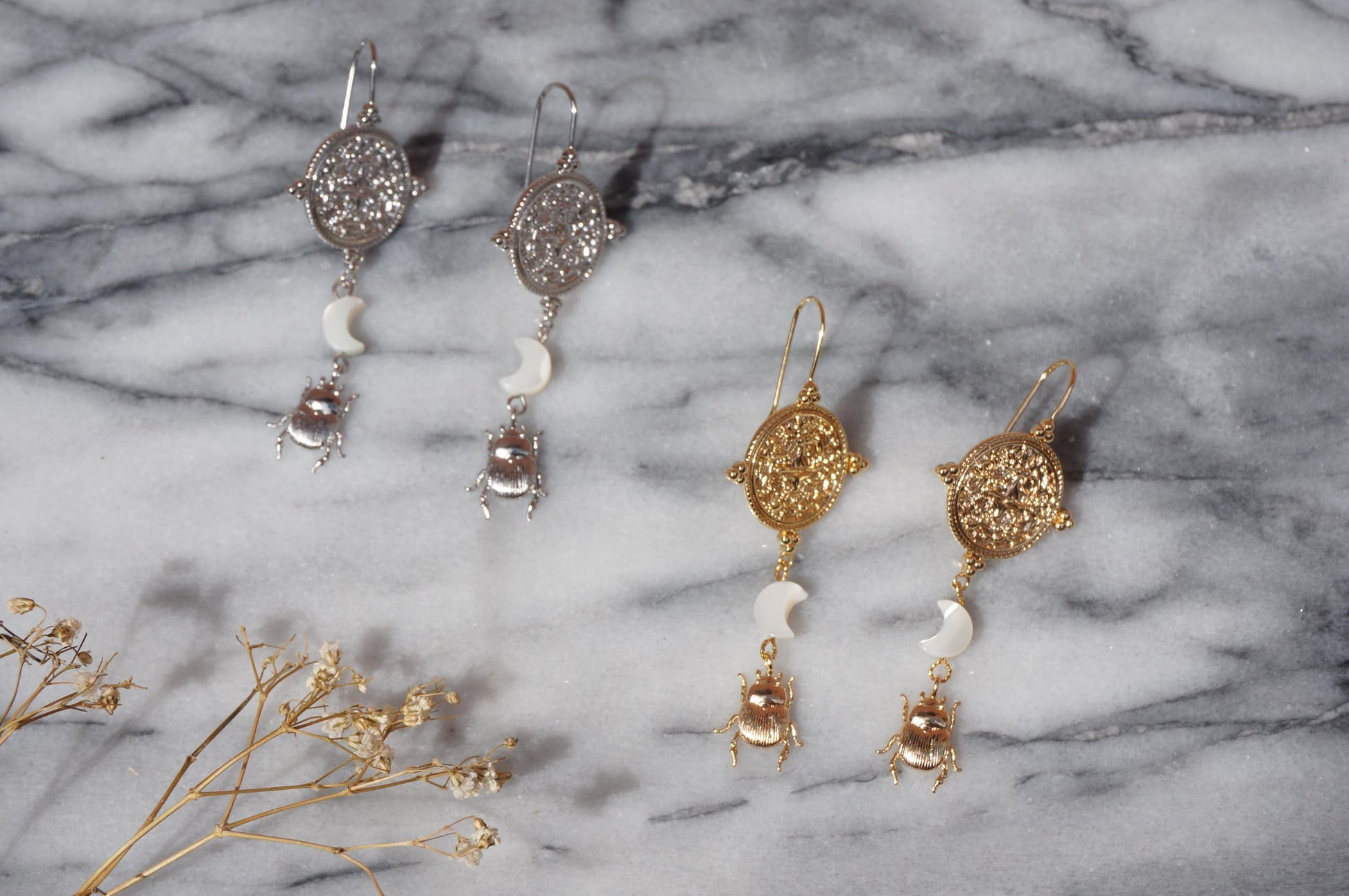 KHONSU Gold/Silver Moon and Scarab Earrings/ Mother of Pearl Moon Beads