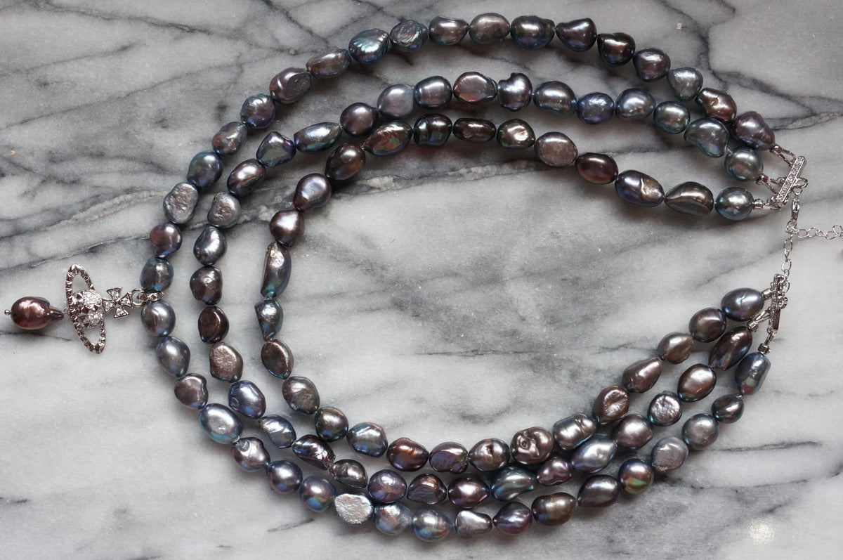 Victoria Three Layer Baroque Pearl Necklace with Orb Pendant – Gold/Silver Plated Choker