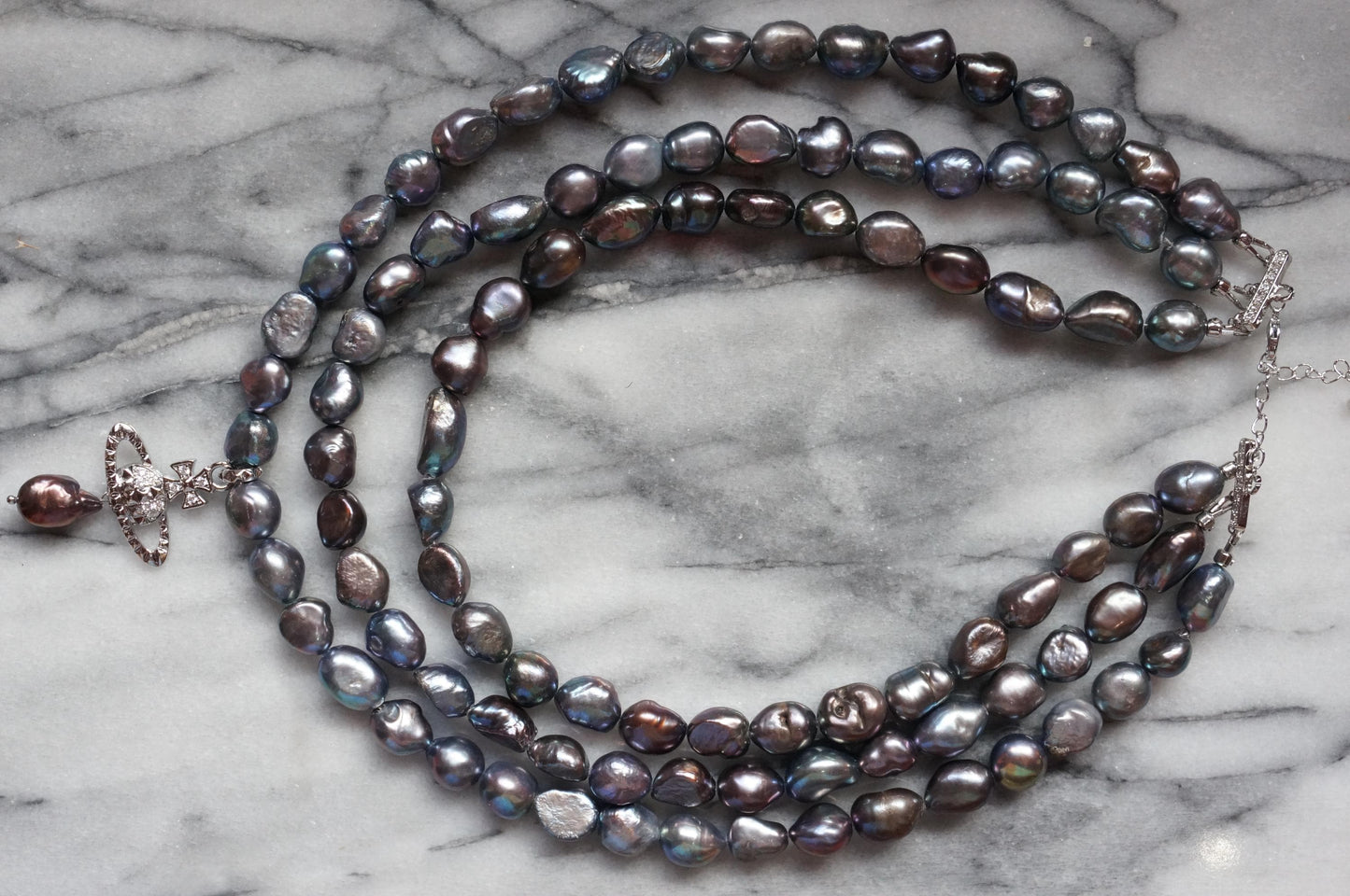 VICTORIA Three Layer Pearl / Black Pearl Necklace / Three Row Pearl Drop Choker