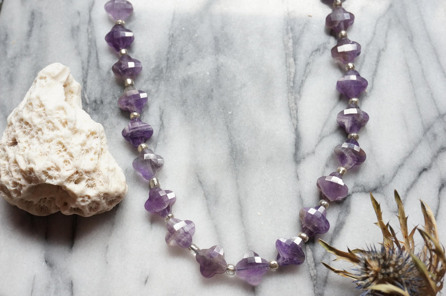 Semi-precious Stone Clover Bead Strand Necklaces / Green, Brown, Purple Stone Bead Necklaces