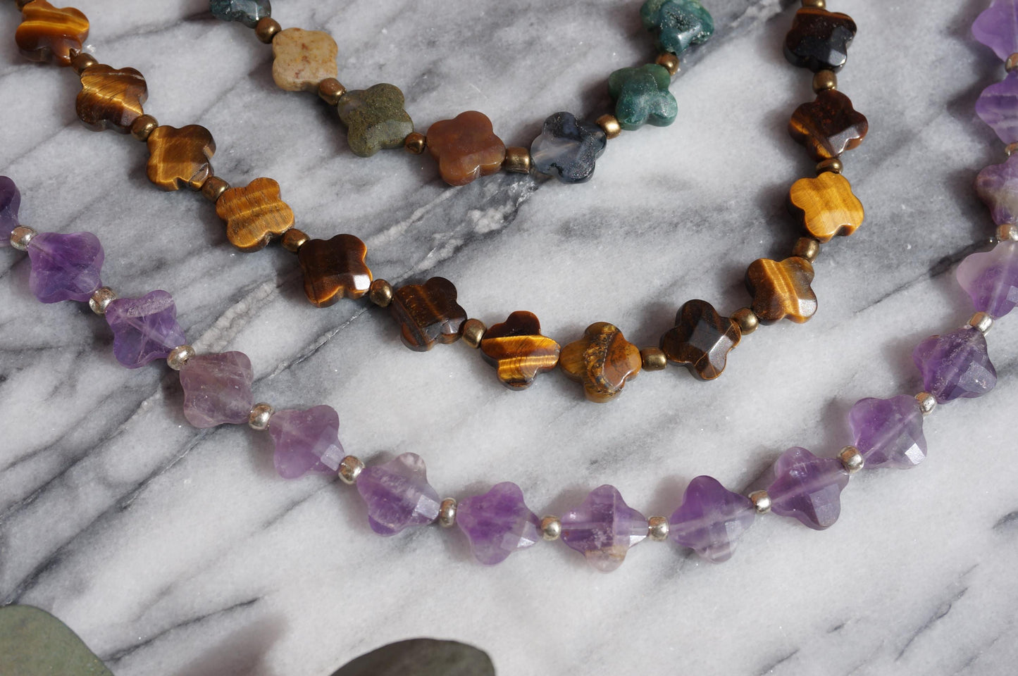 Semi-precious Stone Clover Bead Strand Necklaces / Green, Brown, Purple Stone Bead Necklaces