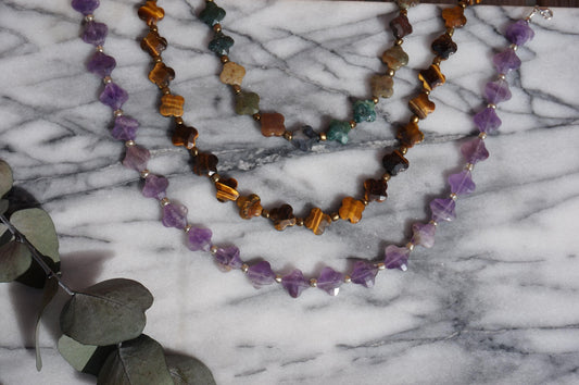 Semi-precious Stone Clover Bead Strand Necklaces / Green, Brown, Purple Stone Bead Necklaces