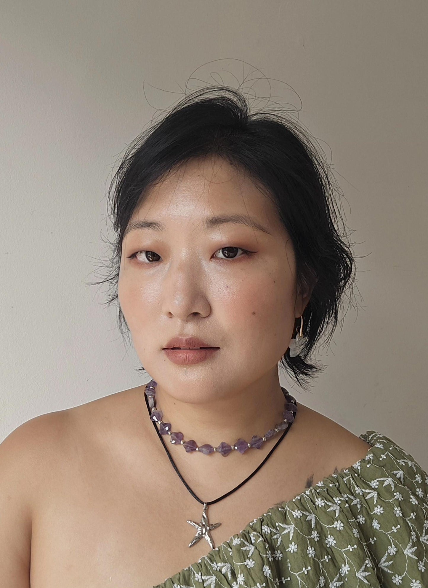 Semi-precious Stone Clover Bead Strand Necklaces / Green, Brown, Purple Stone Bead Necklaces