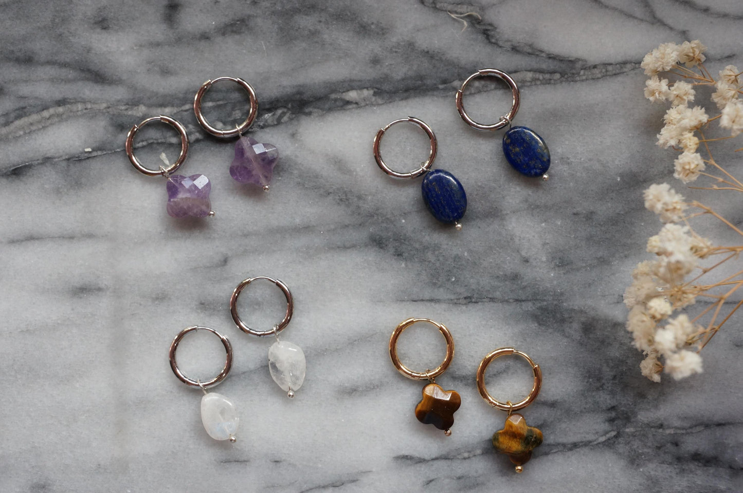 Semi-precious stone bead huggie earrings