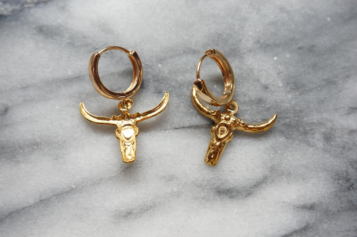 Gold Plated Bull Skull Earrings