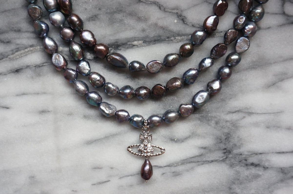 Victoria Three Layer Baroque Pearl Necklace with Orb Pendant – Gold/Silver Plated Choker
