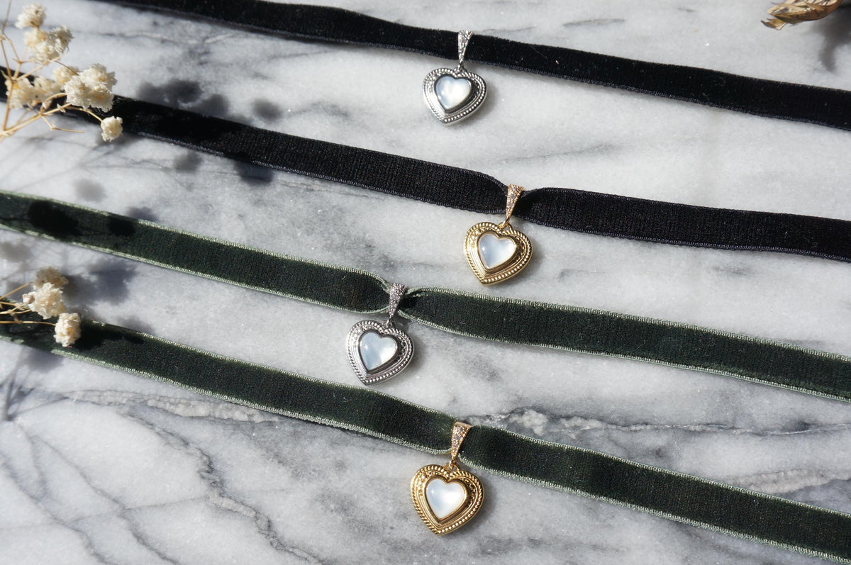 Velvet Heart Choker with Pearl Center – Adjustable Length Necklace