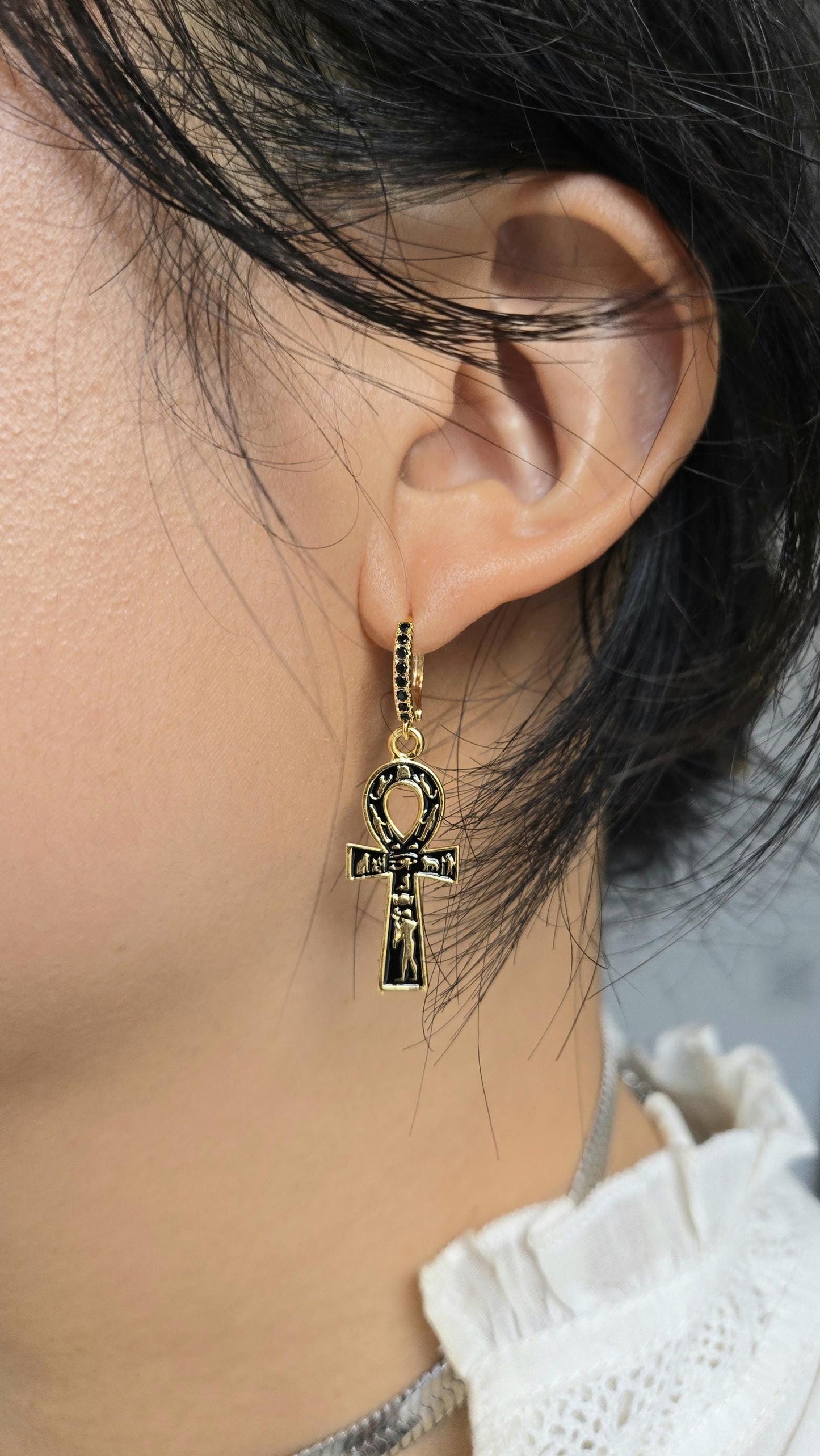 ANKH Black and Gold Huggies / Hoop Earrings / Huggie Earrings