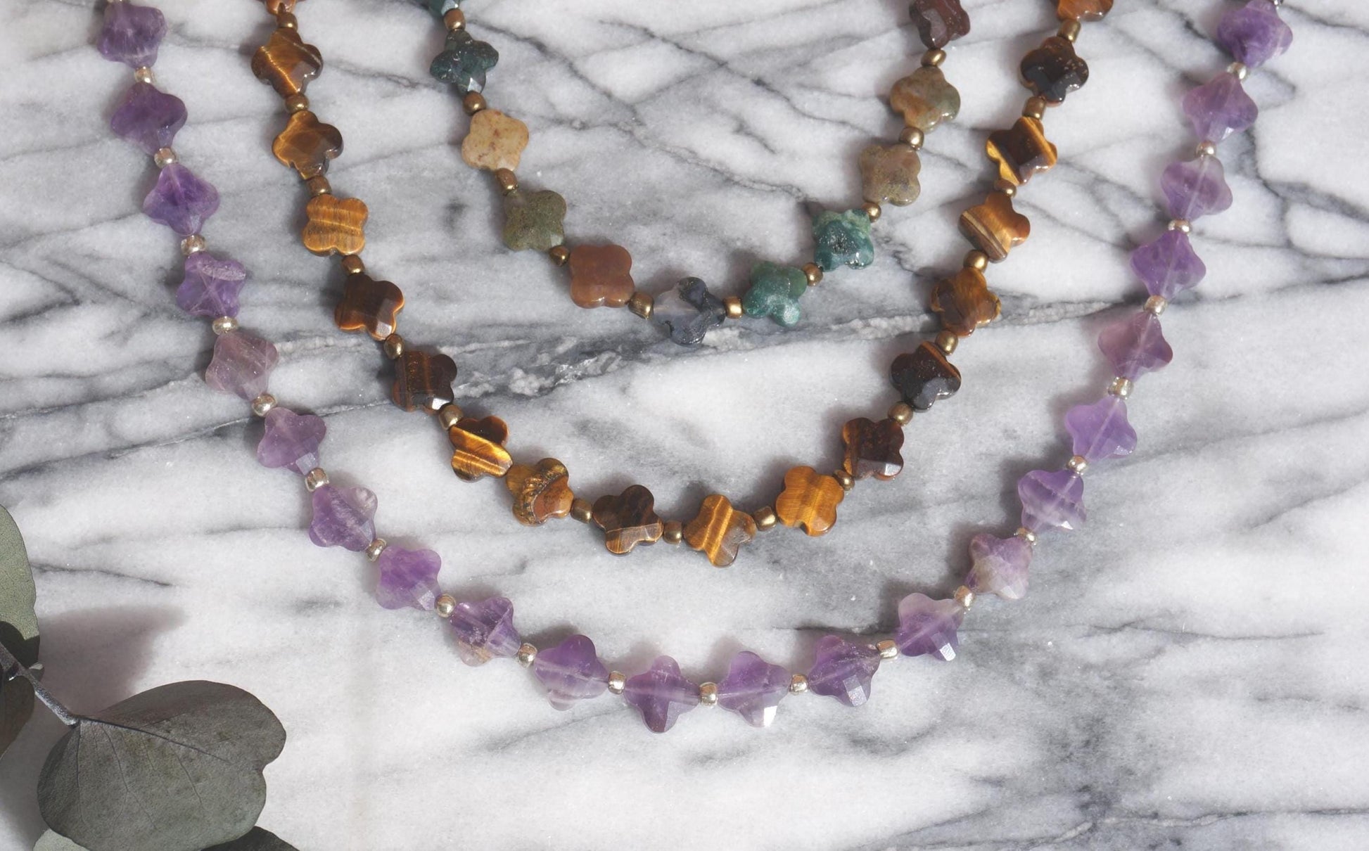 Semi-precious Stone Clover Bead Strand Necklaces / Green, Brown, Purple Stone Bead Necklaces