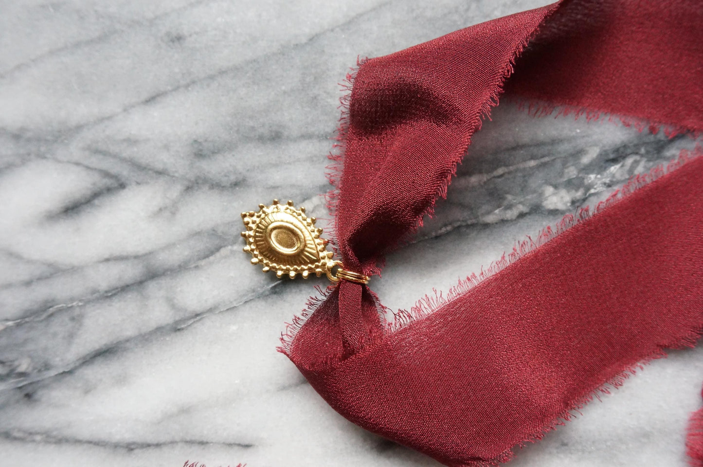 Ornate Teardrop 100% Silk Ribbon Choker / Green/Burgundy Ribbon Choker