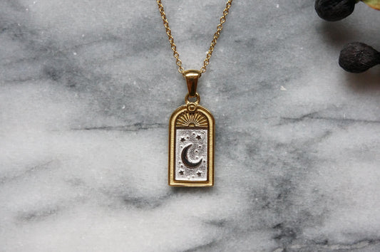 Moon and Heart Window Pendant Necklace: 18k Gold Plated Stainless Steel, 40cm Chain
