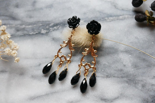 ROSALIND Black and Gold Rose and Filigree with Teardrop Crystals