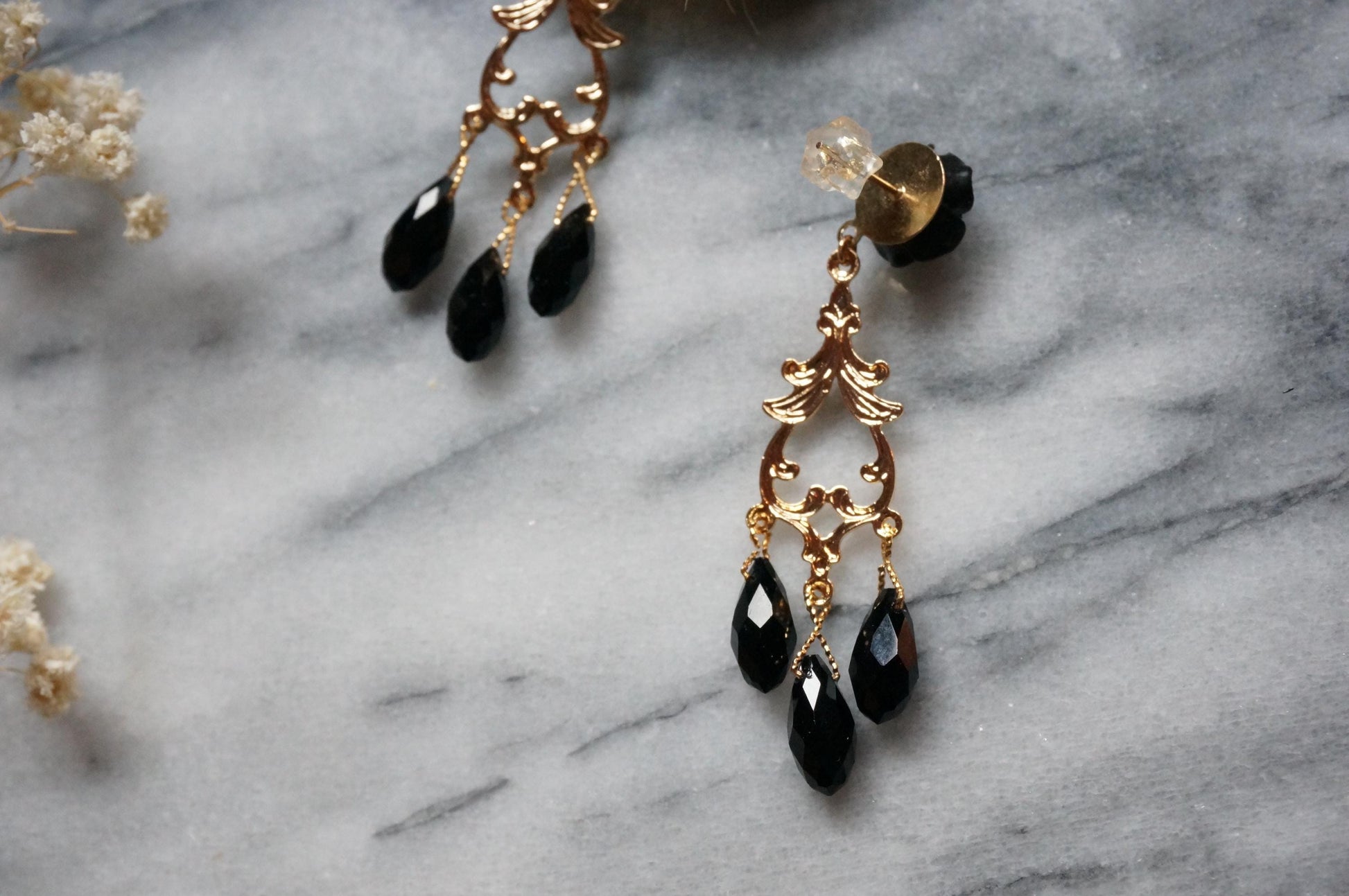 ROSALIND Black and Gold Rose and Filigree with Teardrop Crystals