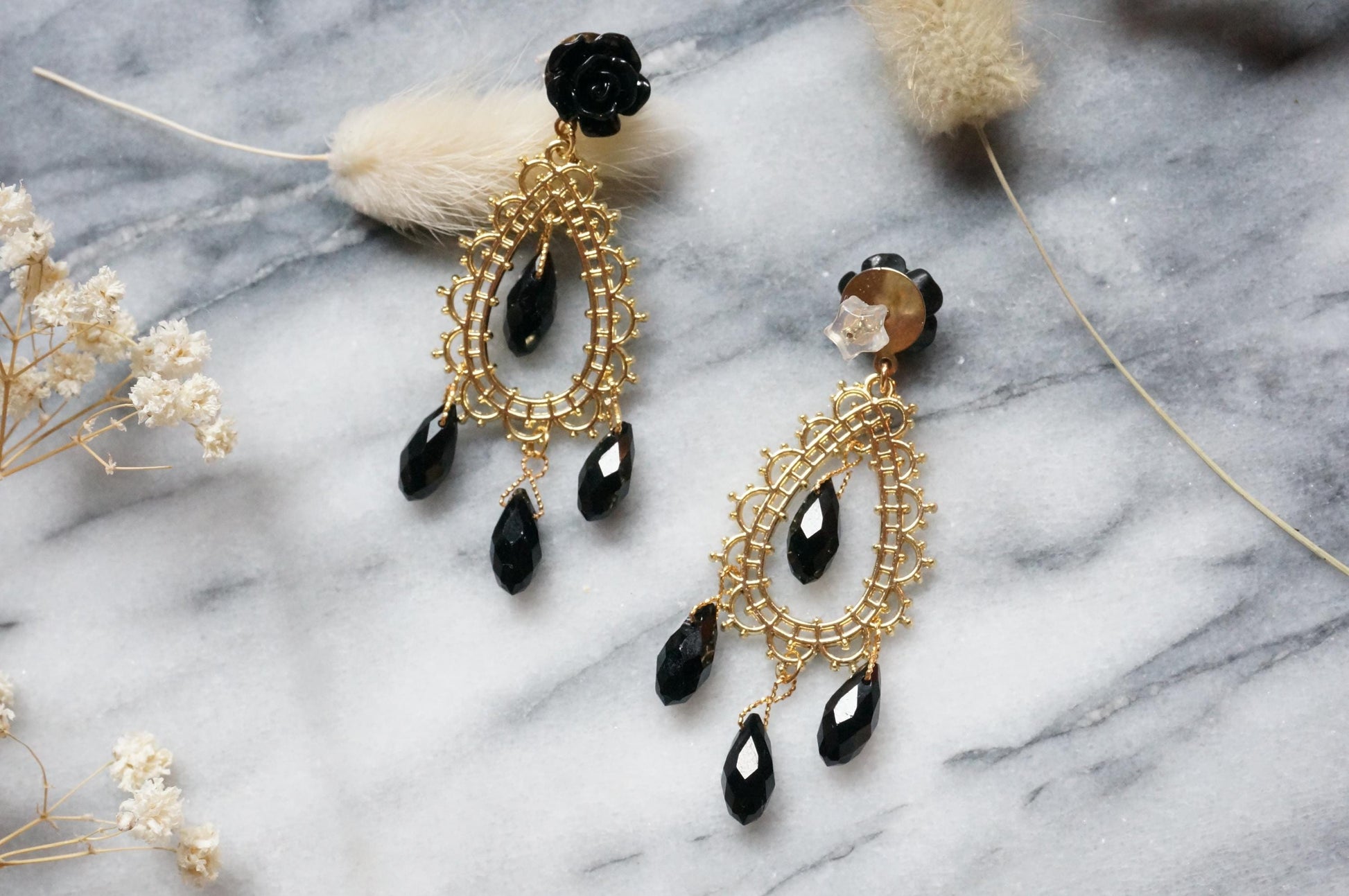 EVELYN Black Rose and Cross Earrings