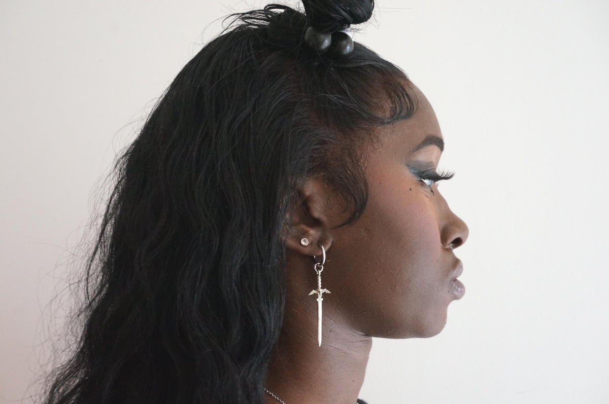 LEGEND Sword Huggie Hoop Earring: Gold, Silver, or Gunmetal (Single), Zelda Master Sword