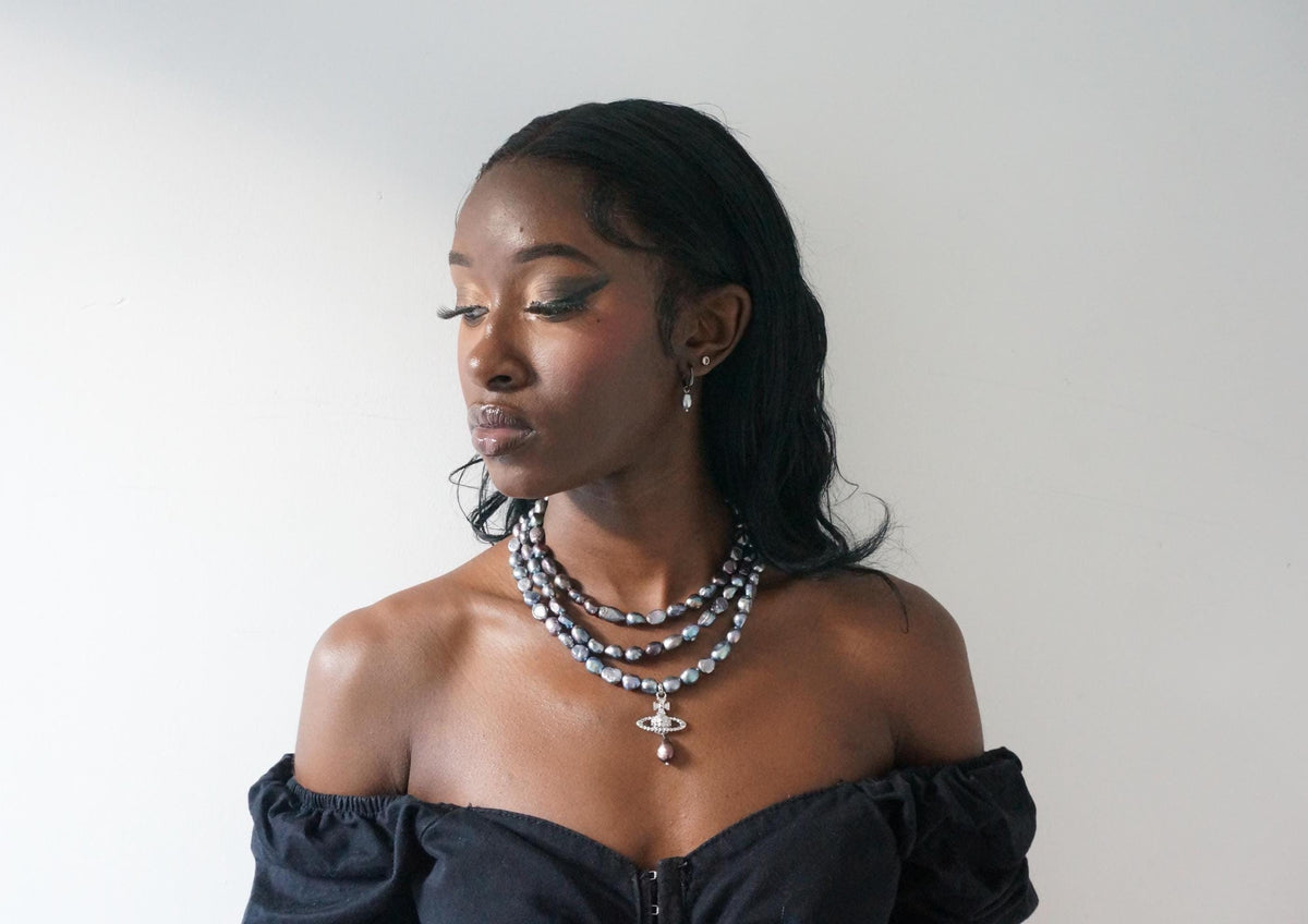 VICTORIA Three Layer Pearl / Black Pearl Necklace / Three Row Pearl Drop Choker