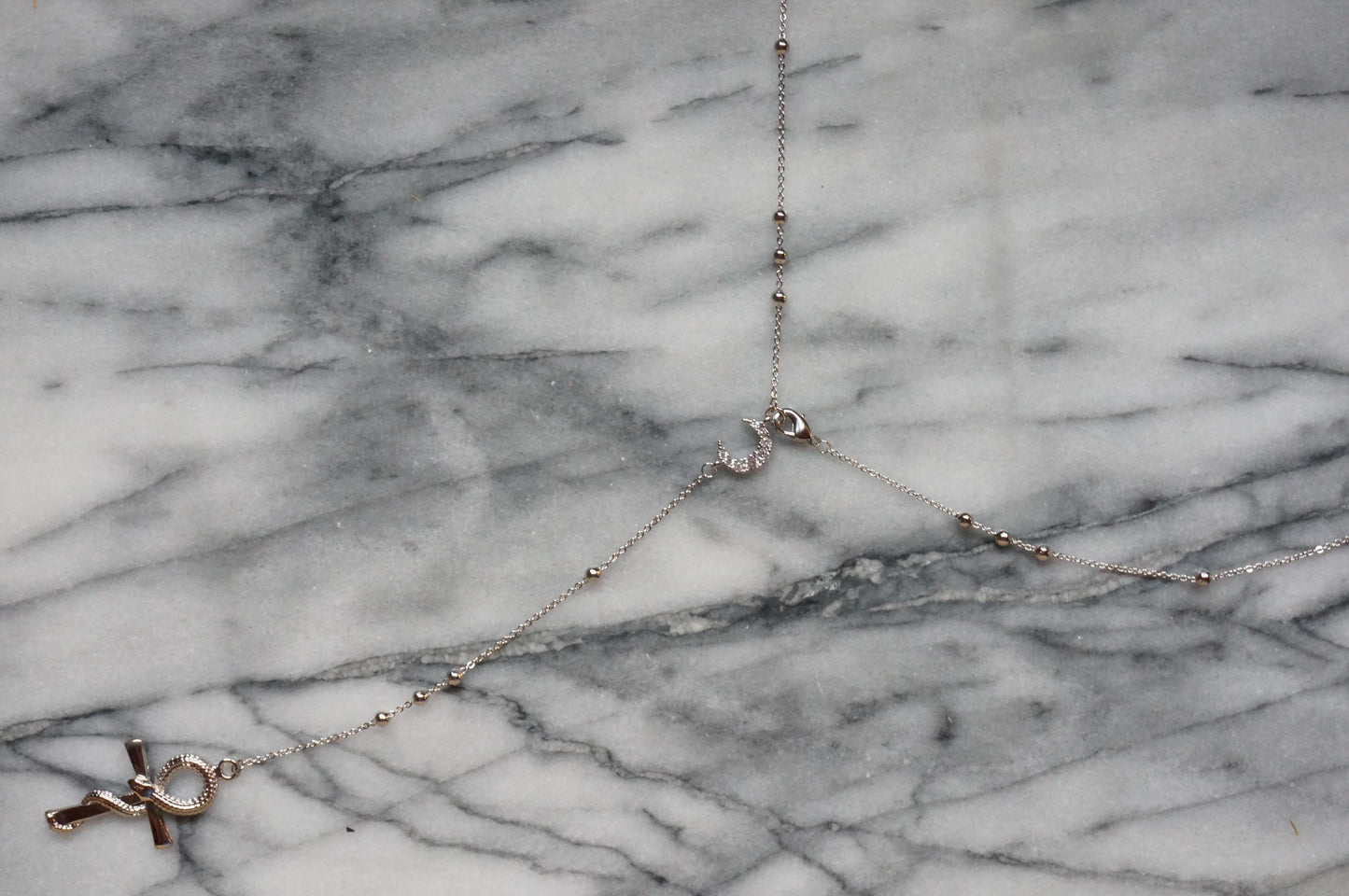 Snake Ankh Gold Rosary Style Necklace / Cross Necklace