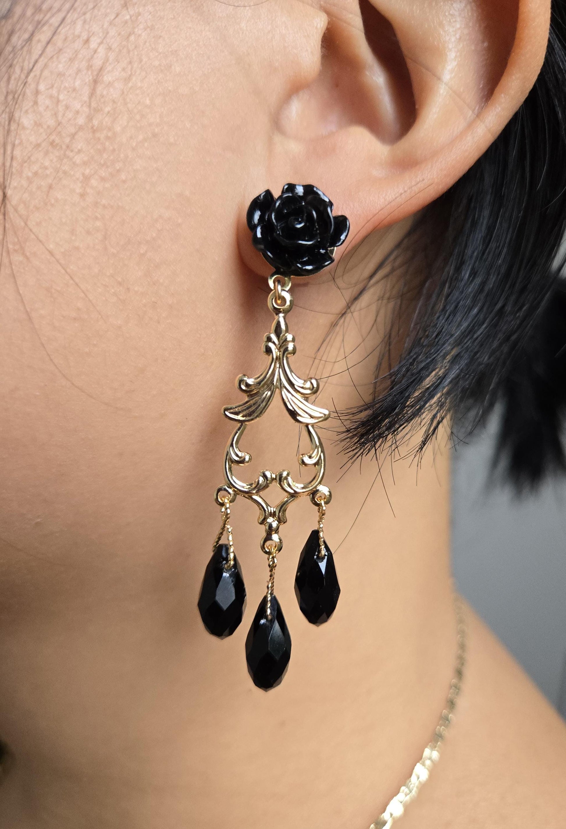 ROSALIND Black and Gold Rose and Filigree with Teardrop Crystals