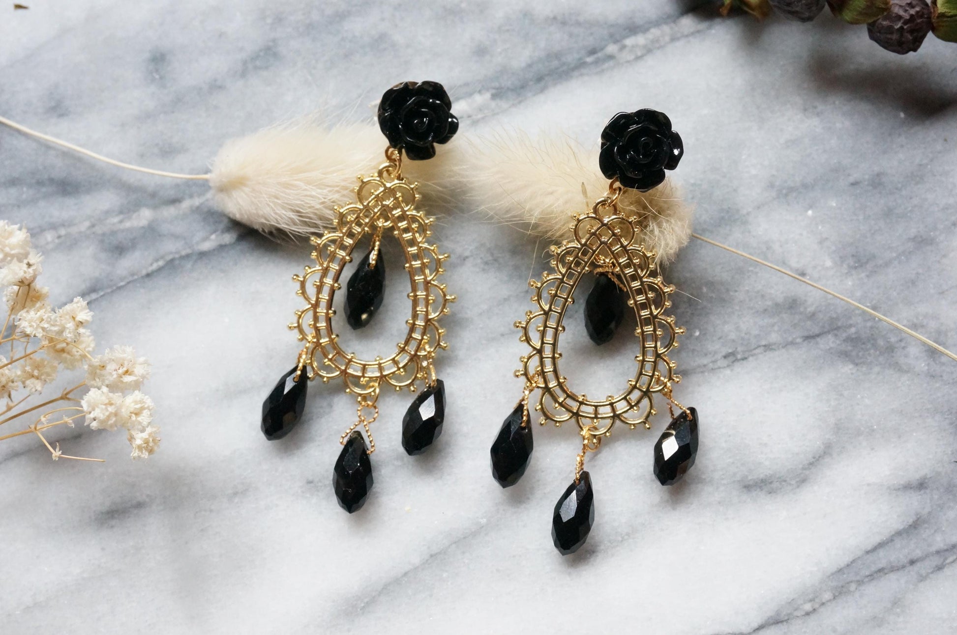 EVELYN Black Rose and Cross Earrings