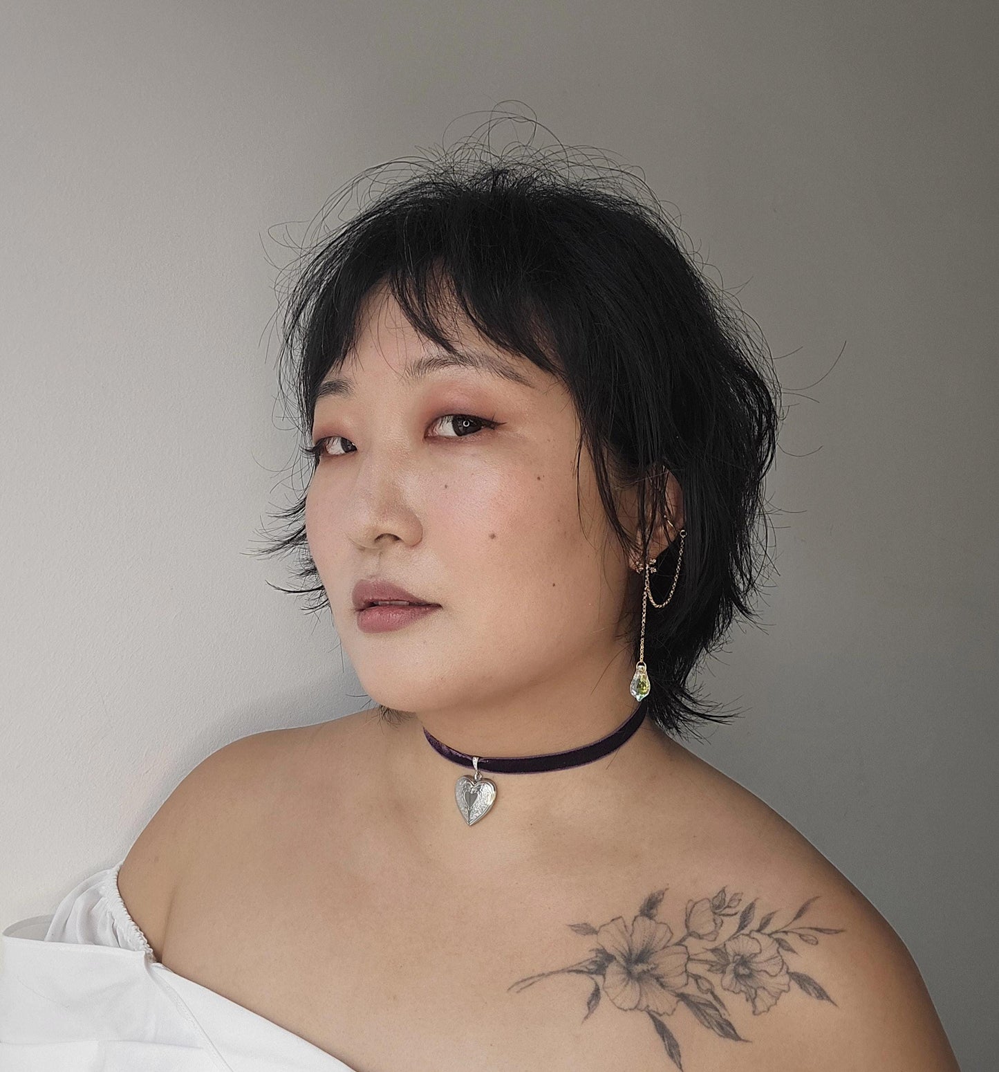 Silver Heart locket / pearl heart Brown stretch velvet choker