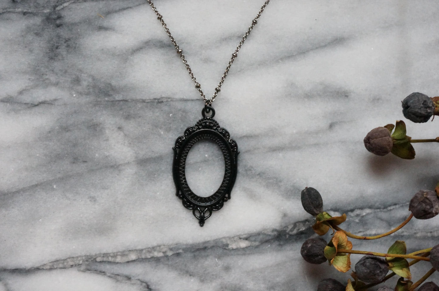 NEVERMORE Black Oval Ornate Frame Necklace / Gothic Oval Necklace