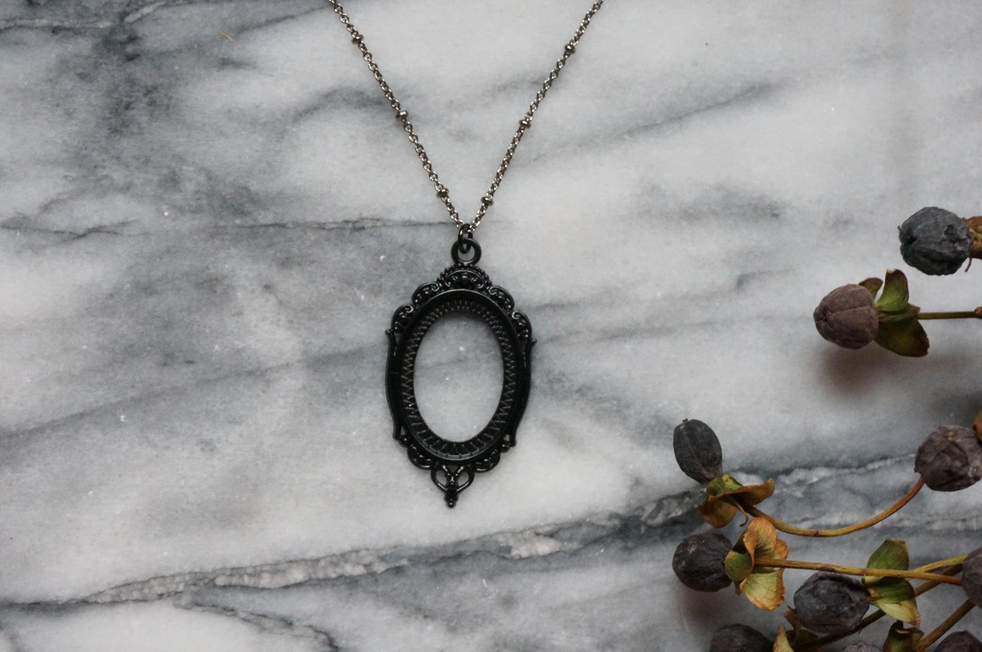 NEVERMORE Black Oval Ornate Frame Necklace / Gothic Oval Necklace