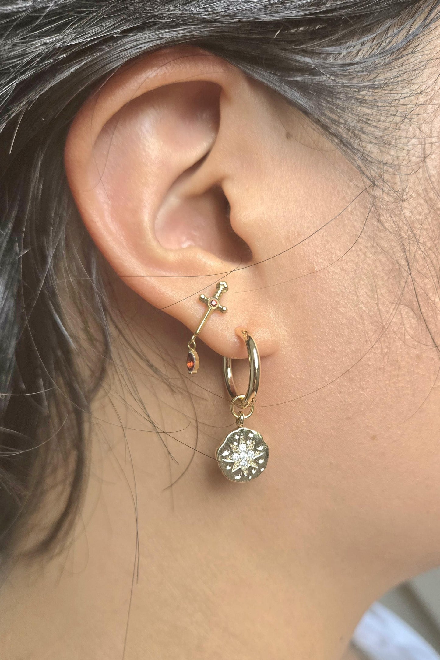 24k Gold /Silver North Star Medallion Hoop Earrings