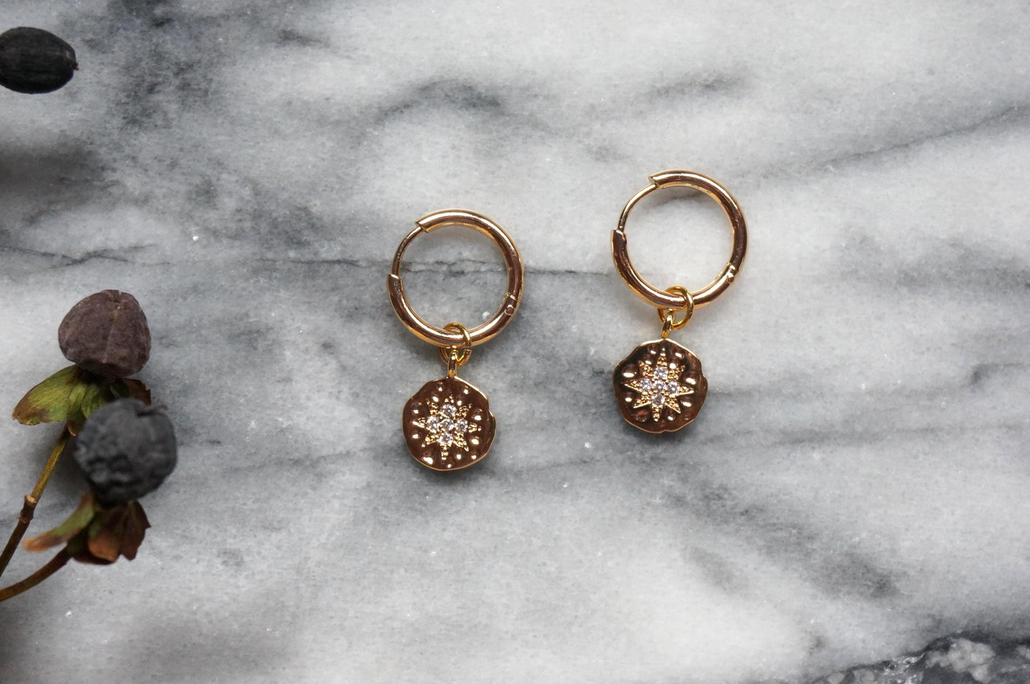 24k Gold Plated North Star Medallion Hoop Earrings
