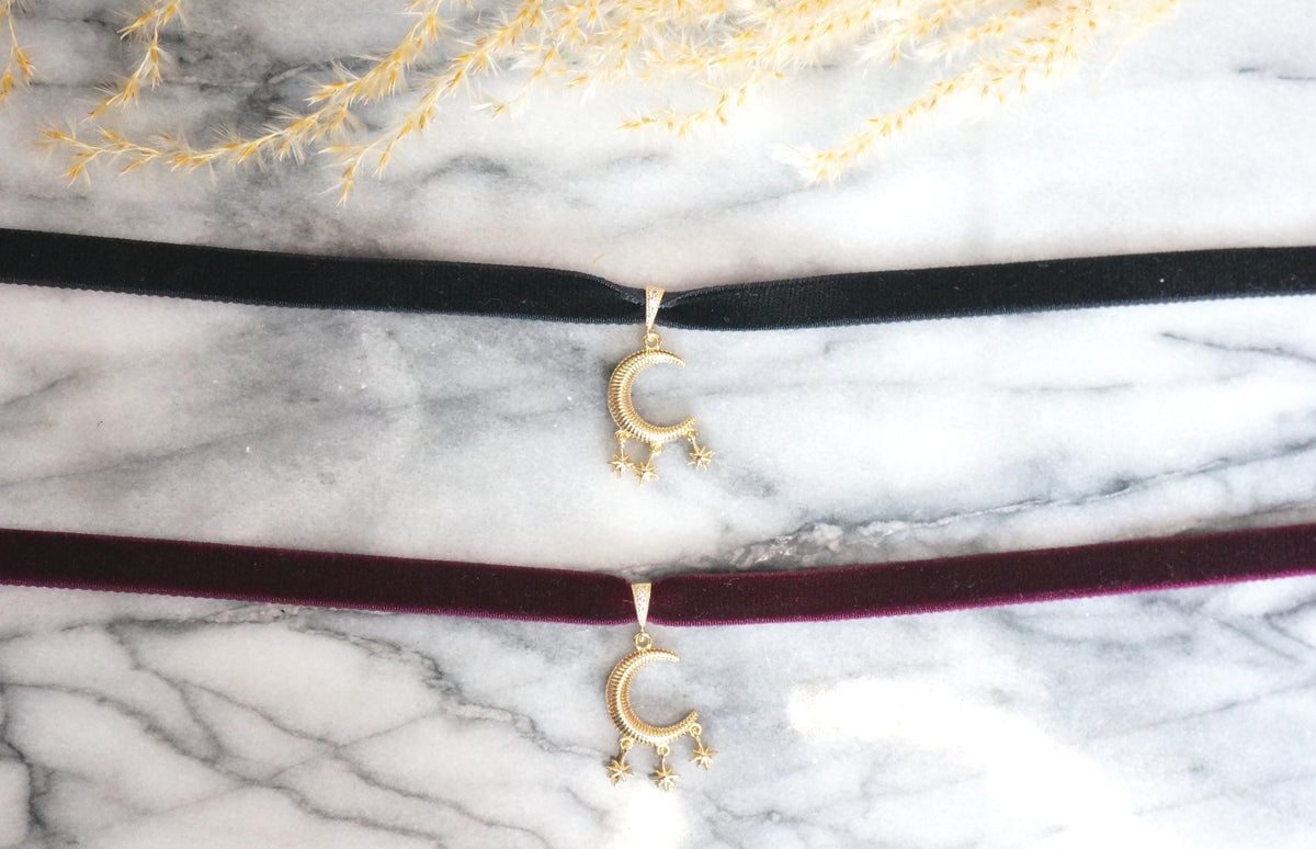 LUA Moon and Three Stars Stretch Velvet Choker / Burgundy/Black Choker