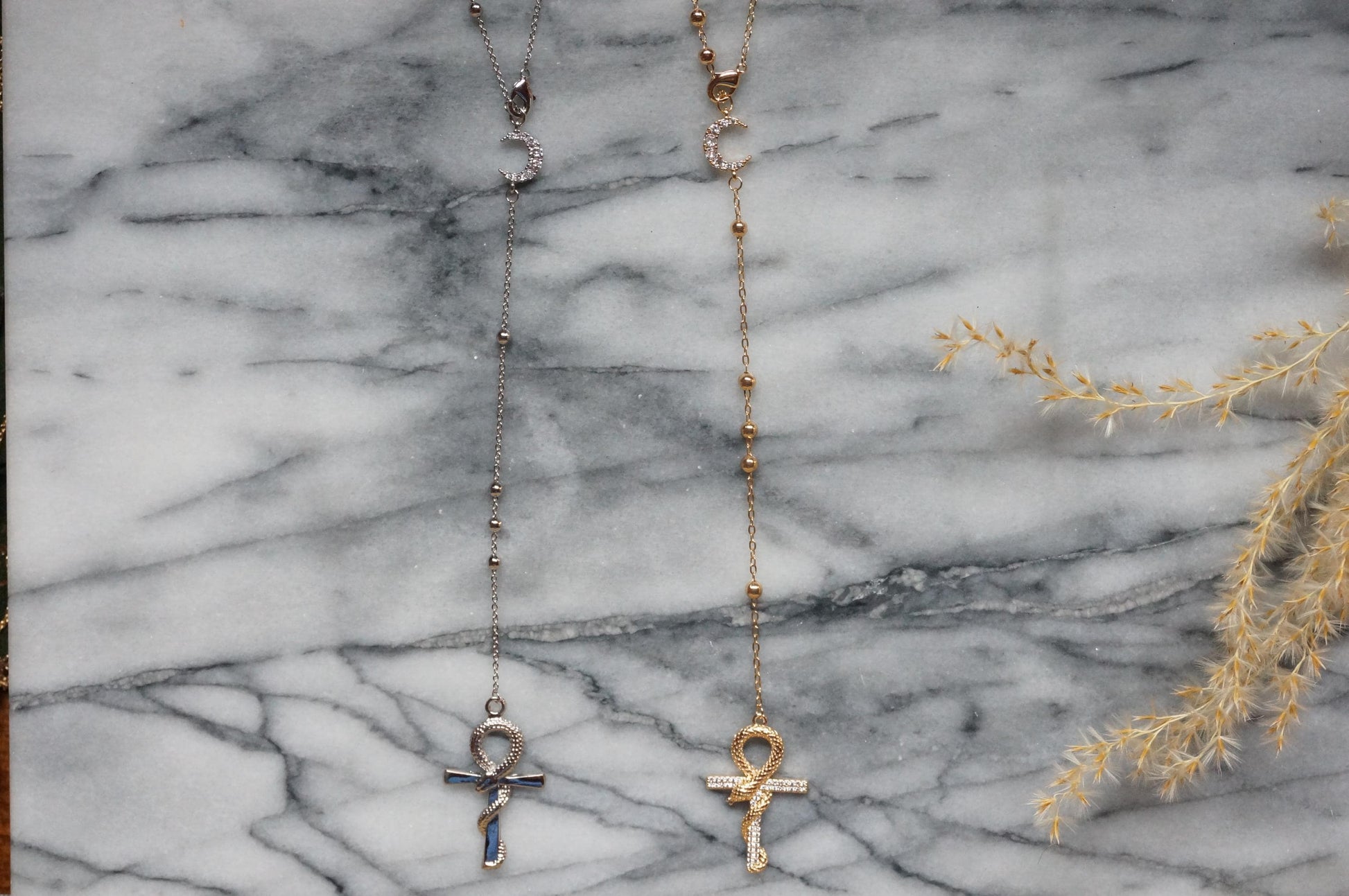 Snake Ankh Gold Rosary Style Necklace / Cross Necklace