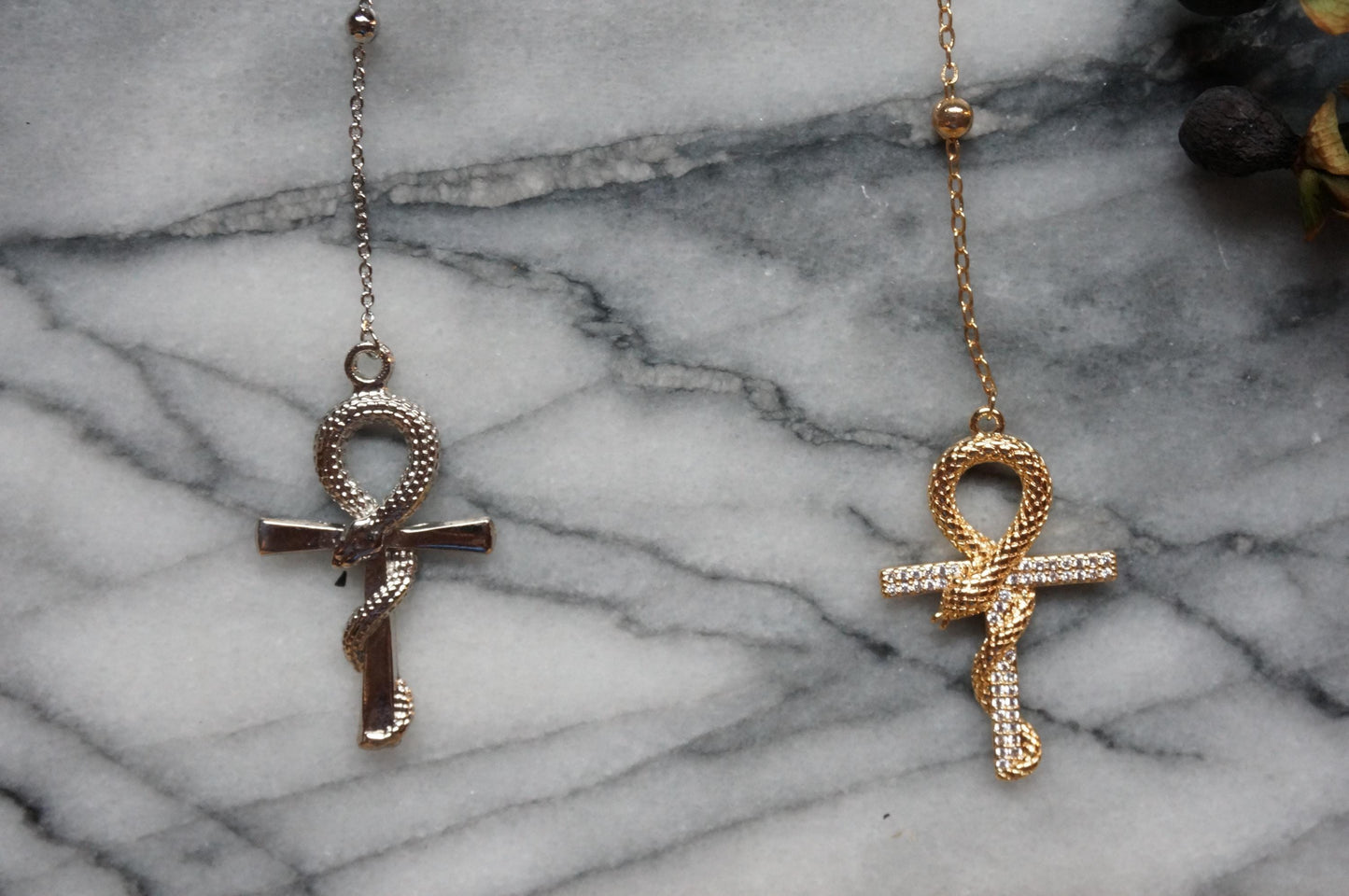 Snake Ankh Gold Rosary Style Necklace / Cross Necklace