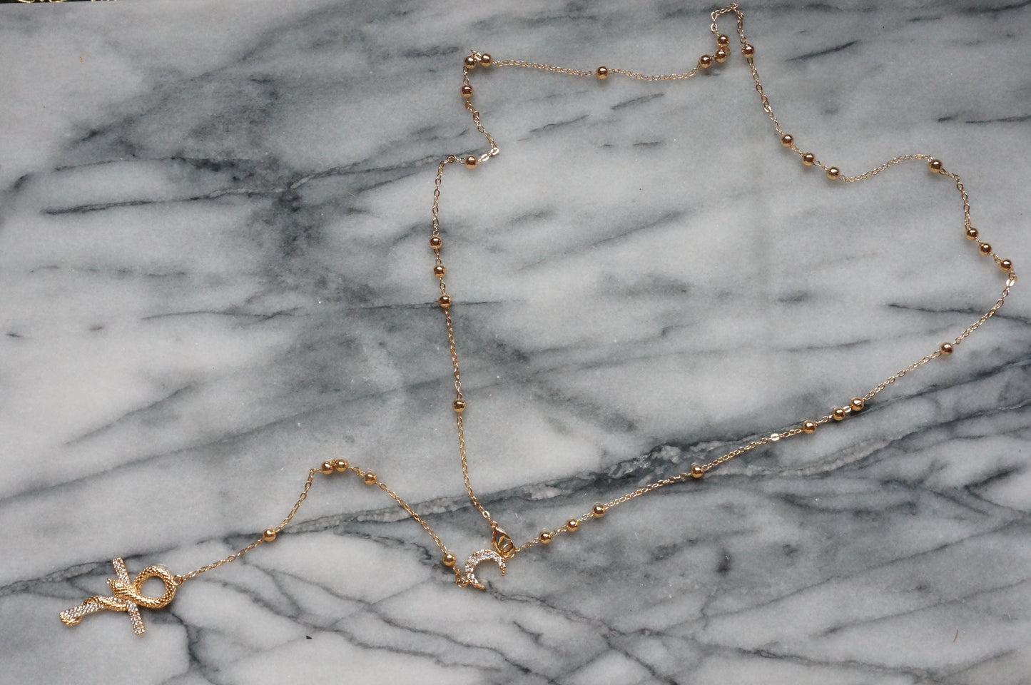 Snake Ankh Gold Rosary Style Necklace / Cross Necklace
