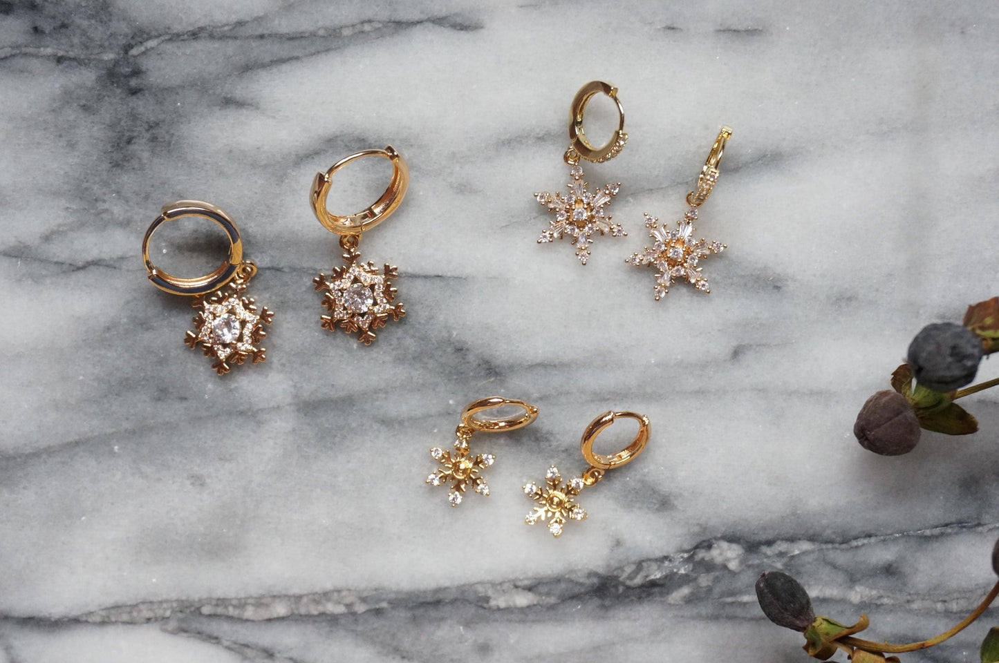 24k Gold Plated Snowflake Huggie Earrings / Snowflake Hoop Earrings