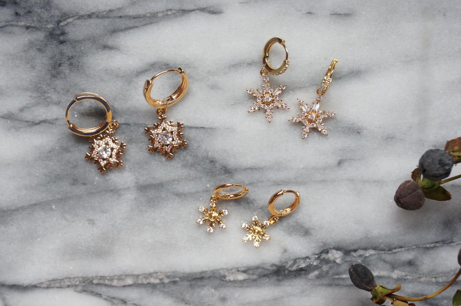 24k Gold Plated Snowflake Huggie Earrings / Snowflake Hoop Earrings