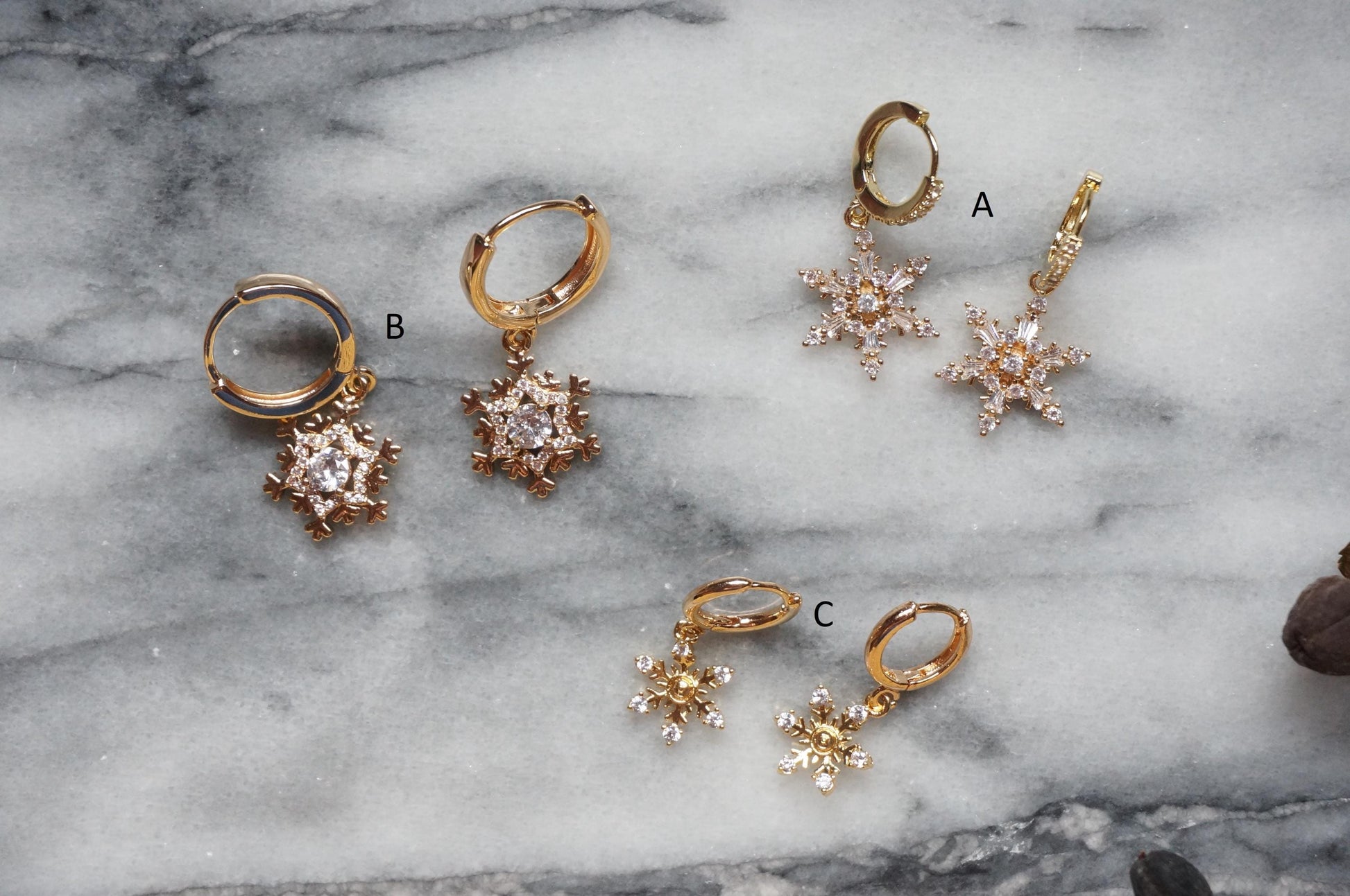 24k Gold Plated Snowflake Huggie Earrings / Snowflake Hoop Earrings