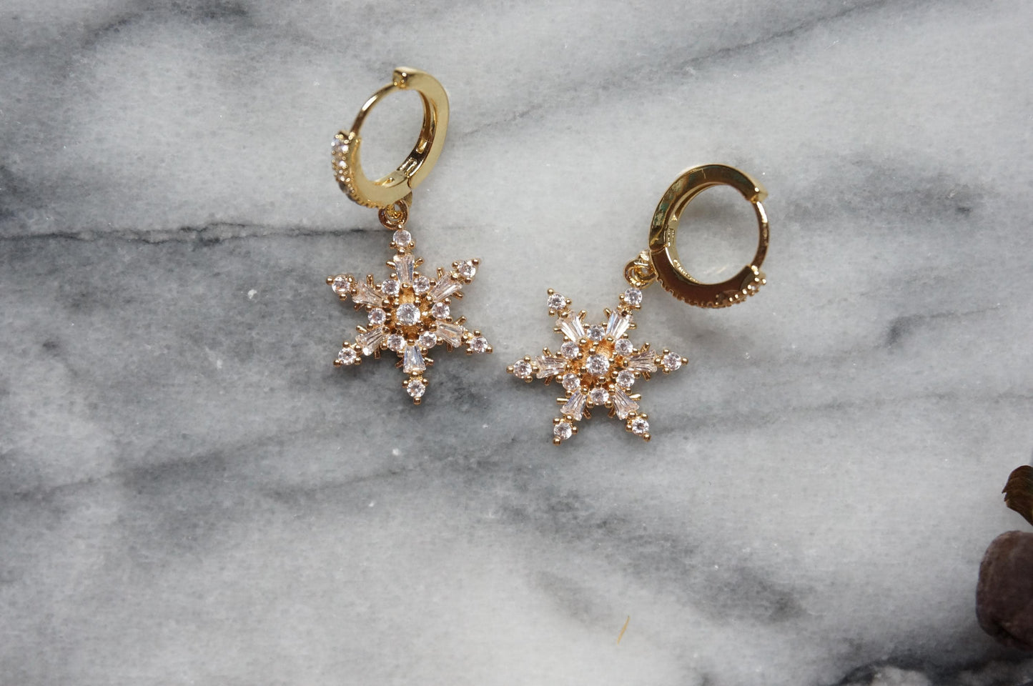 24k Gold Plated Snowflake Huggie Earrings / Snowflake Hoop Earrings