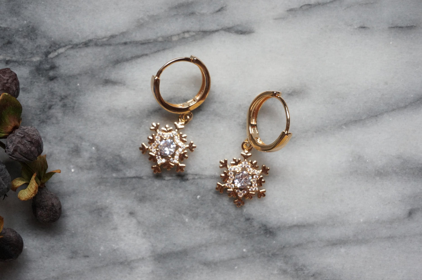 24k Gold Plated Snowflake Huggie Earrings / Snowflake Hoop Earrings