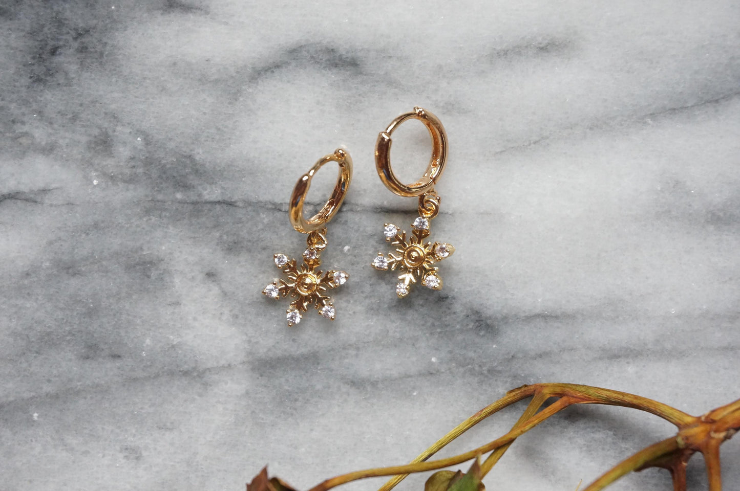 24k Gold Plated Snowflake Huggie Earrings / Snowflake Hoop Earrings