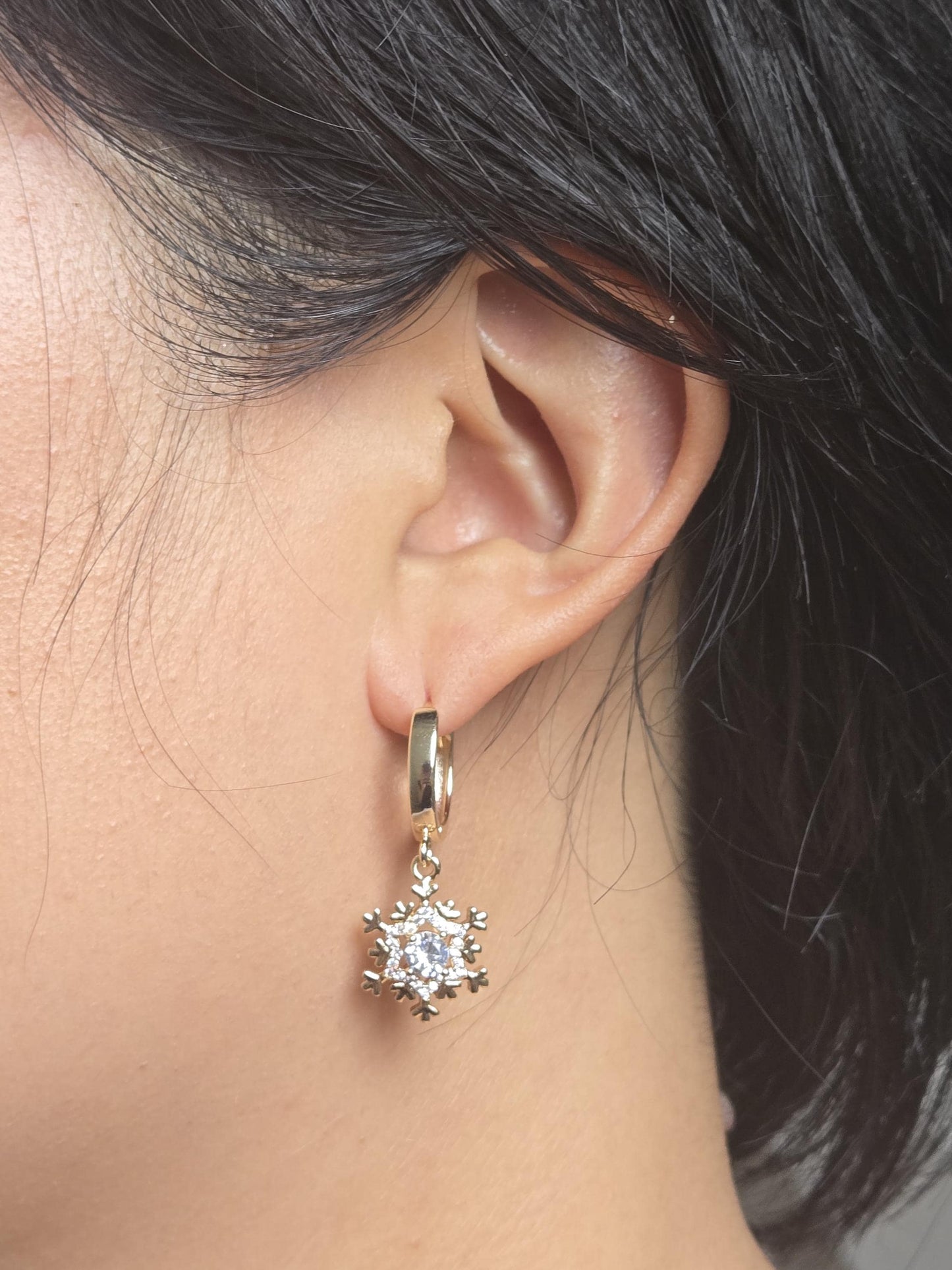 24k Gold Plated Snowflake Huggie Earrings / Snowflake Hoop Earrings