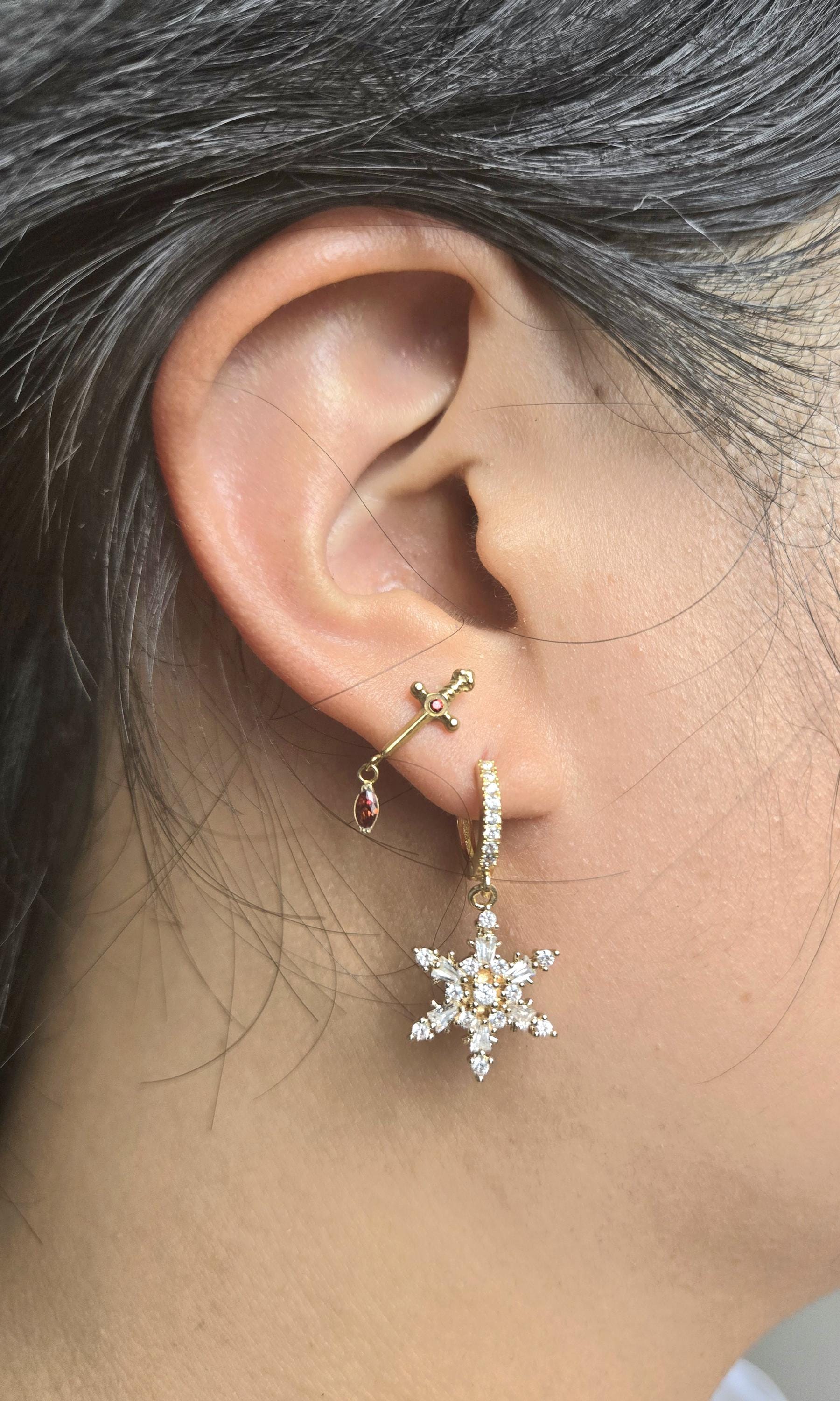 24k Gold Plated Snowflake Huggie Earrings / Snowflake Hoop Earrings