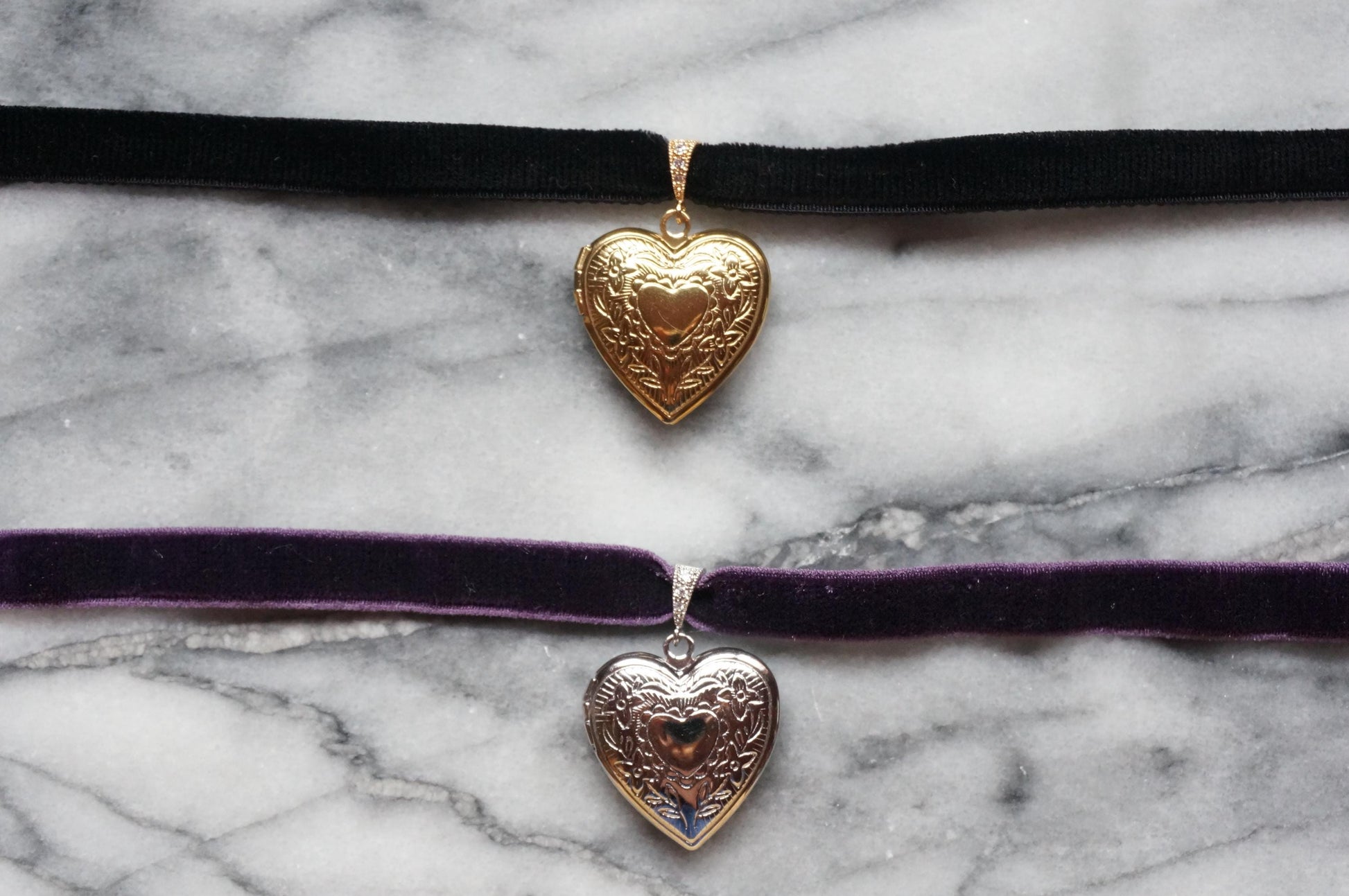 Silver Heart locket / pearl heart Brown stretch velvet choker