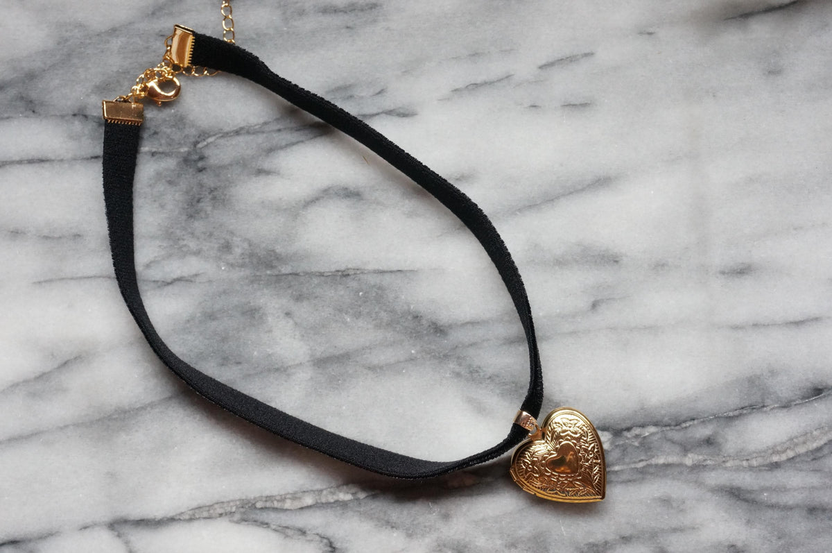 Silver/Gold Heart Locket Black/Purple Stretch Velvet Choker