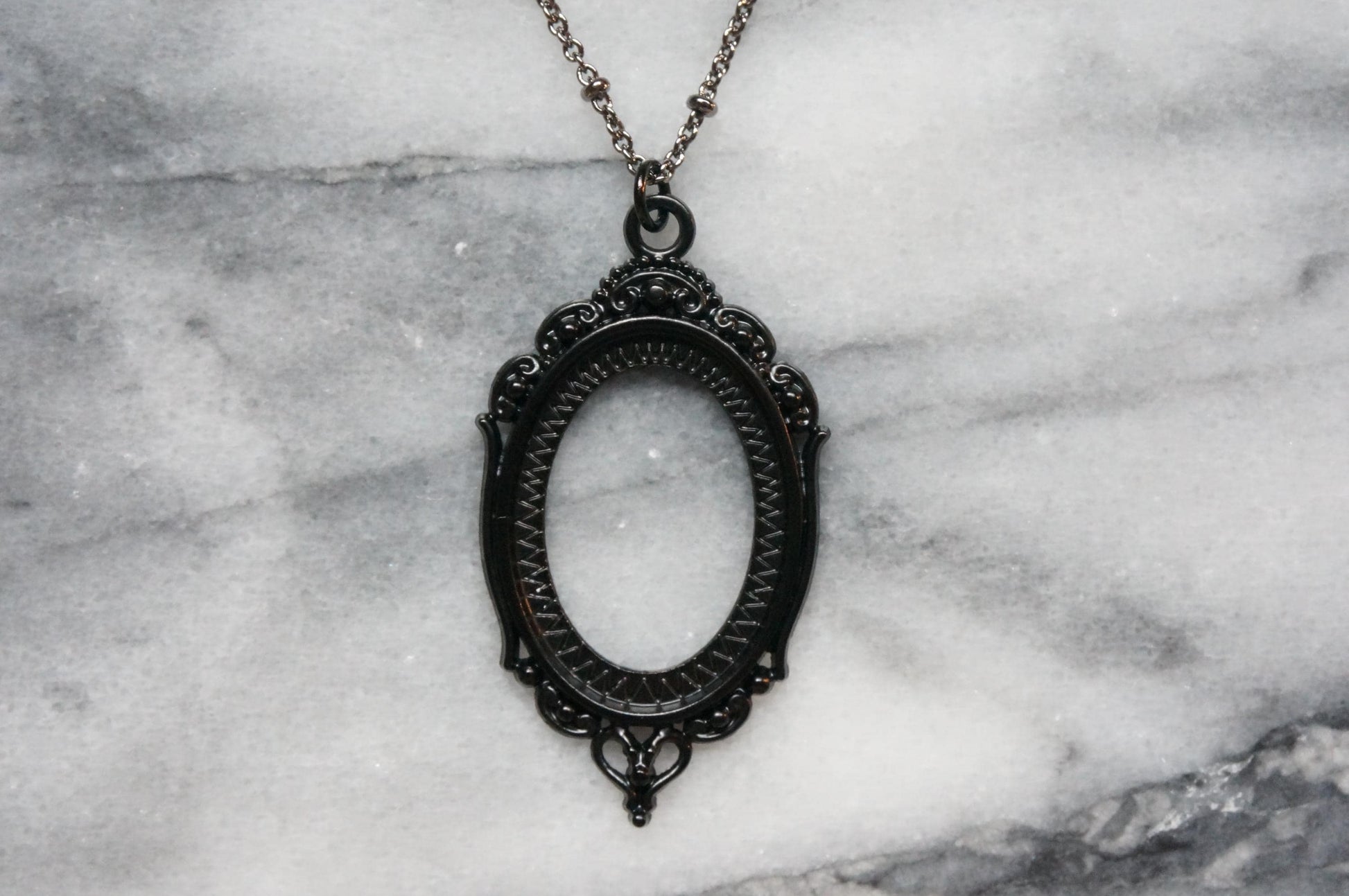 NEVERMORE Black Oval Ornate Frame Necklace / Gothic Oval Necklace