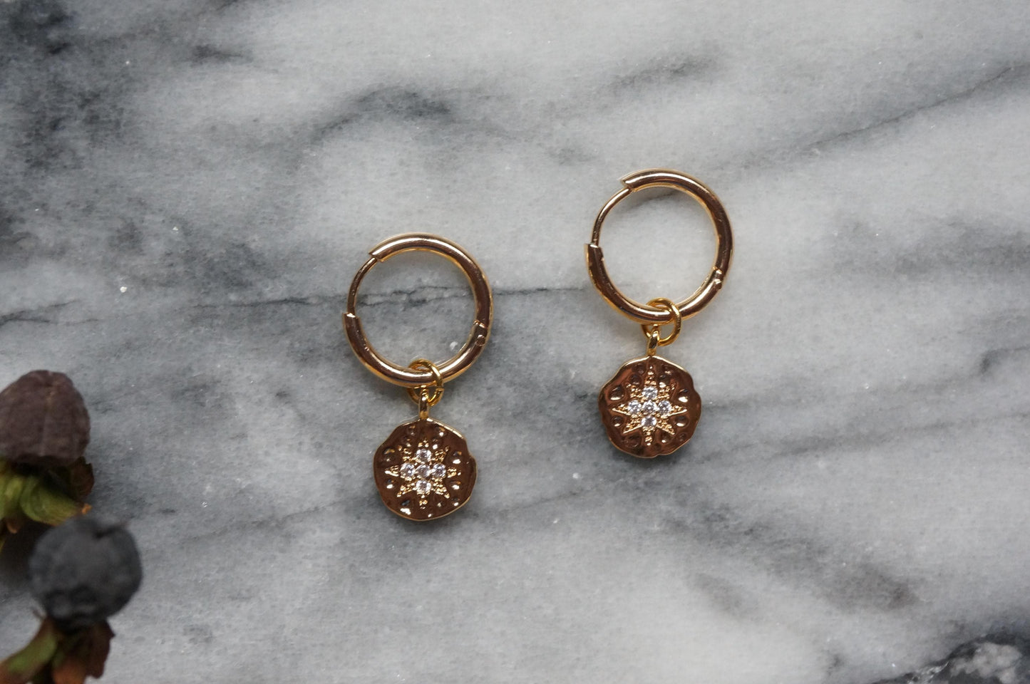 24k Gold Plated North Star Medallion Hoop Earrings