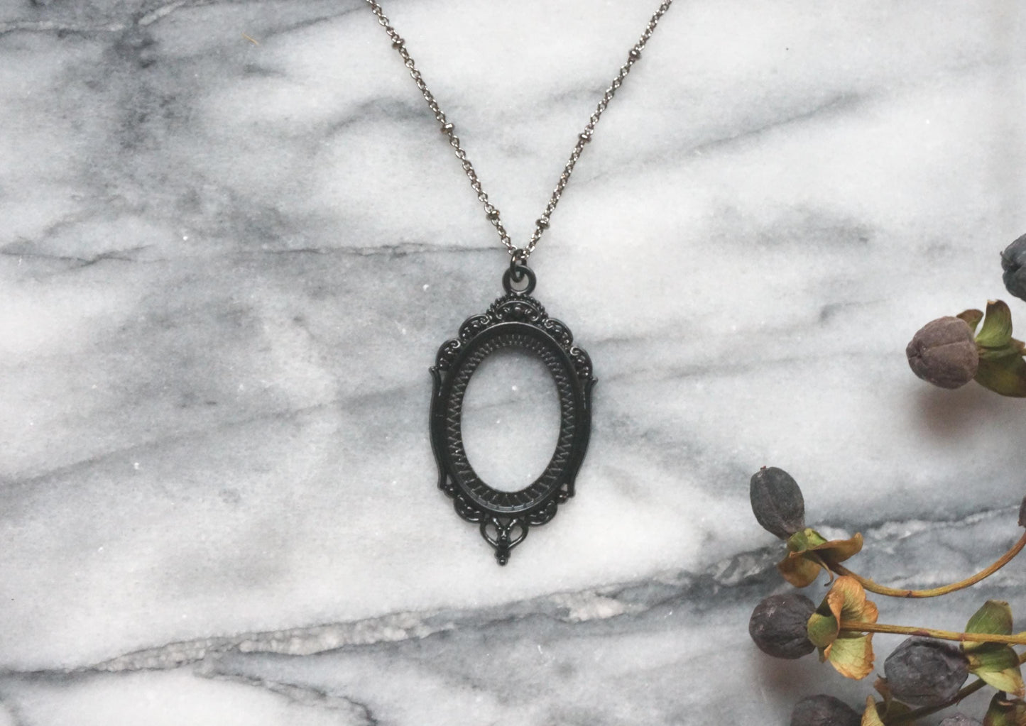 NEVERMORE Black Oval Ornate Frame Necklace / Gothic Oval Necklace