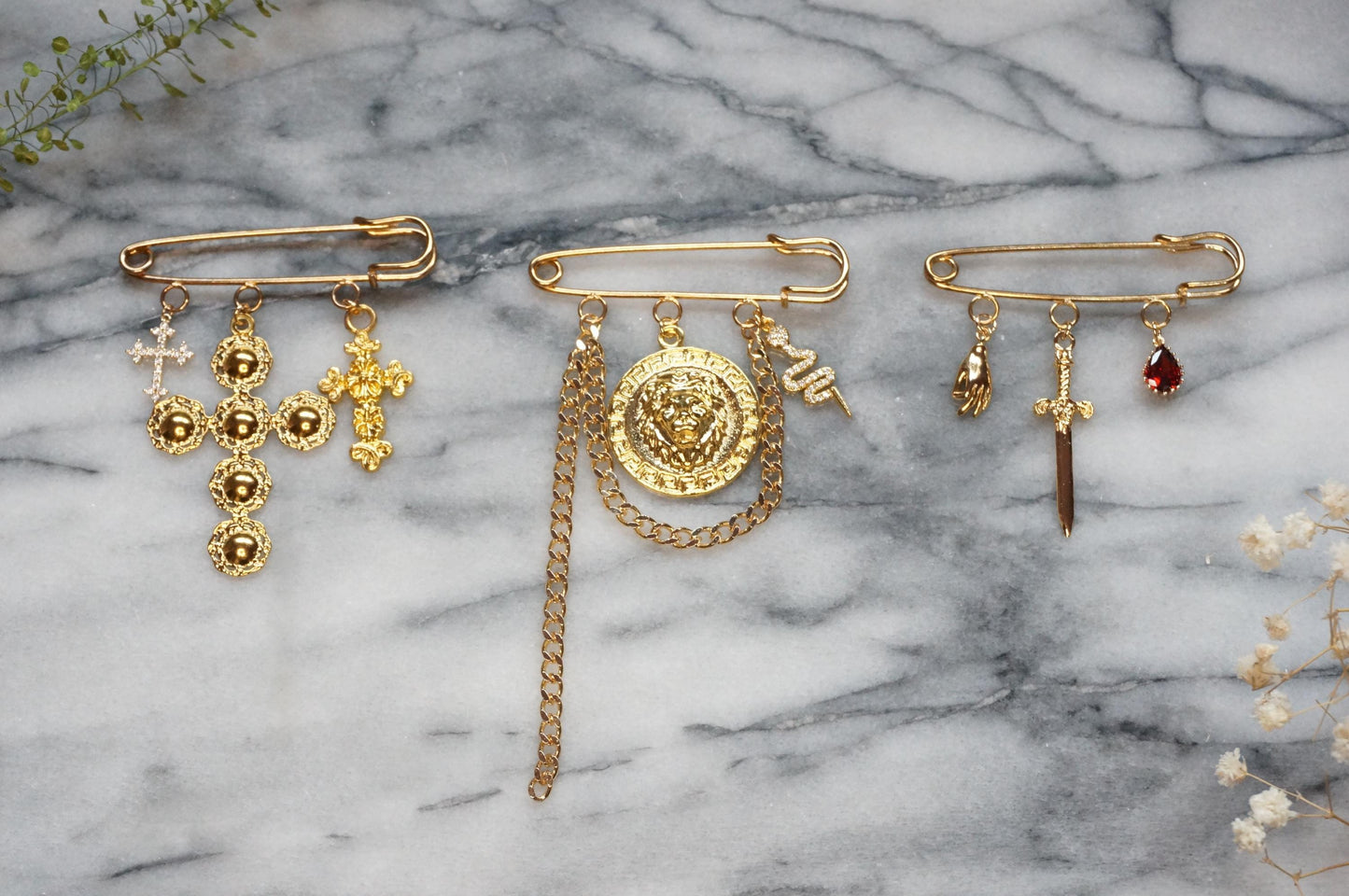 Oversized safety pin Lion / Sword / Cross